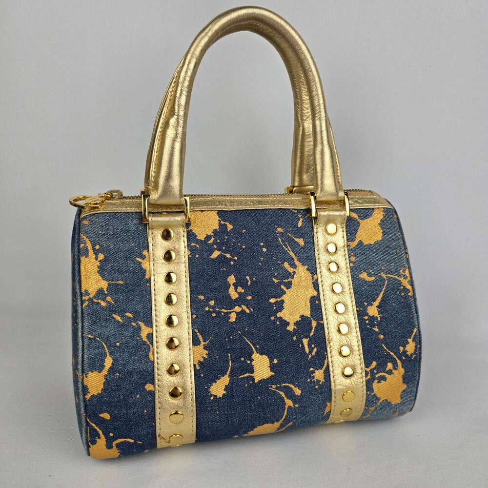 Junior Drake Metallic Gold Studded Leather Trimmed Blue Denim Purse